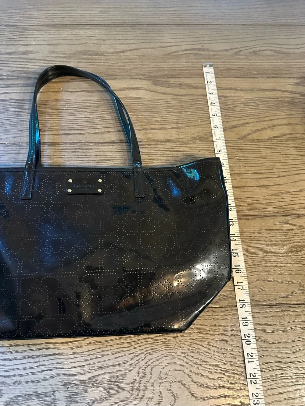 kate spade Black Patent Shoulder Tote with Perforated Pattern